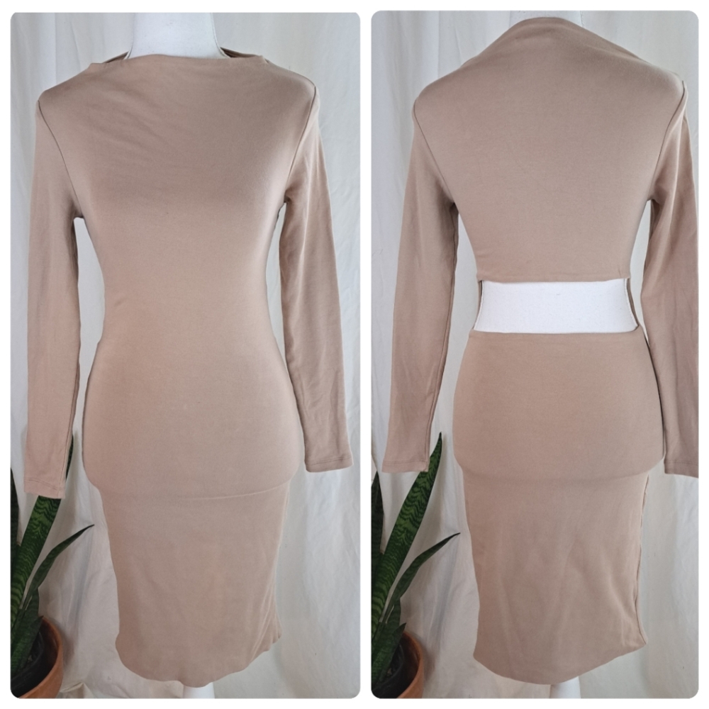 Kookai beige nude cut open back high mock neckline long sleeve bodycon sz1-2